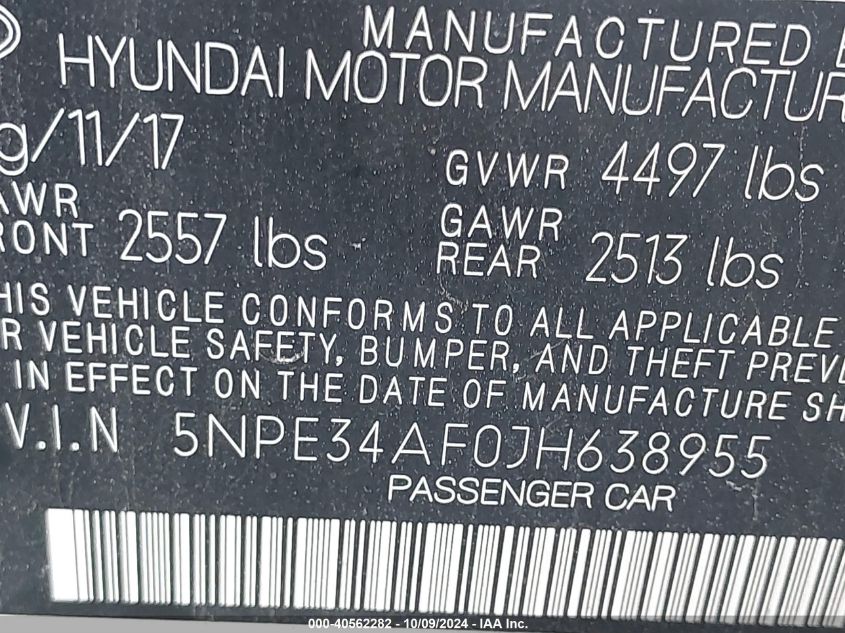 5NPE34AF0JH638955 2018 Hyundai Sonata Sel