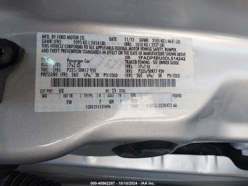 2013 Ford C-Max Hybrid Sel VIN: 1FADP5BU0DL514242 Lot: 40562287