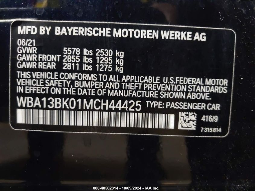 2021 BMW M550I xDrive VIN: WBA13BK01MCH44425 Lot: 40562314