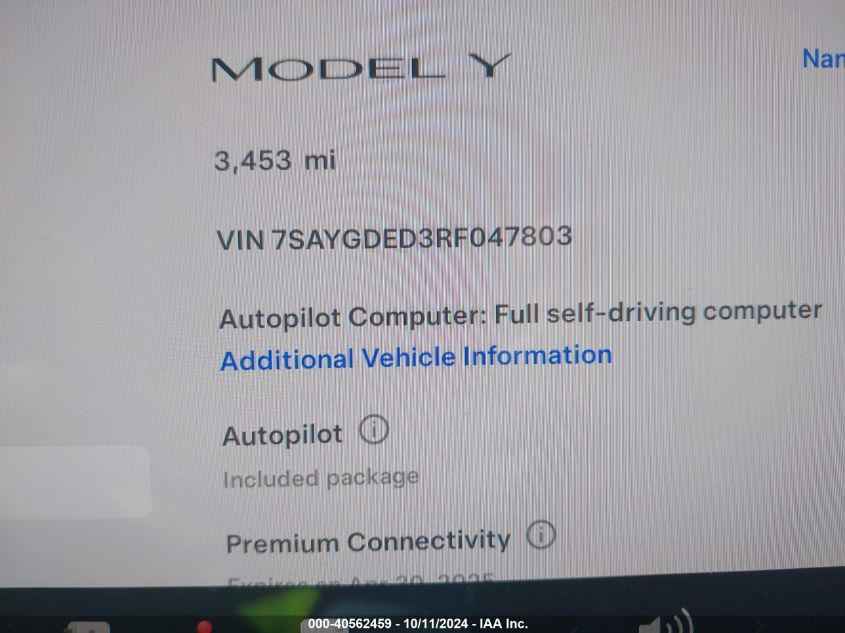 2024 Tesla Model Y Long Range Dual Motor All-Wheel Drive/Rwd VIN: 7SAYGDED3RF047803 Lot: 40562459