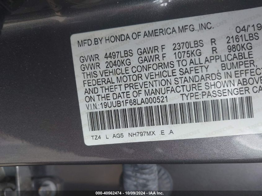 2020 Acura Tlx A-Spec/A-Spec W/Red Leather VIN: 19UUB1F68LA000521 Lot: 40562474