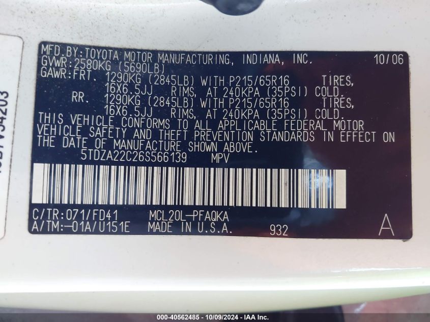 5TDZA22C26S566139 2006 Toyota Sienna Xle