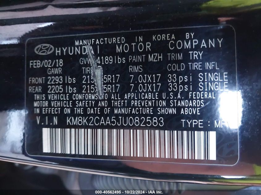 2018 Hyundai Kona Sel VIN: KM8K2CAA5JU082583 Lot: 40562495