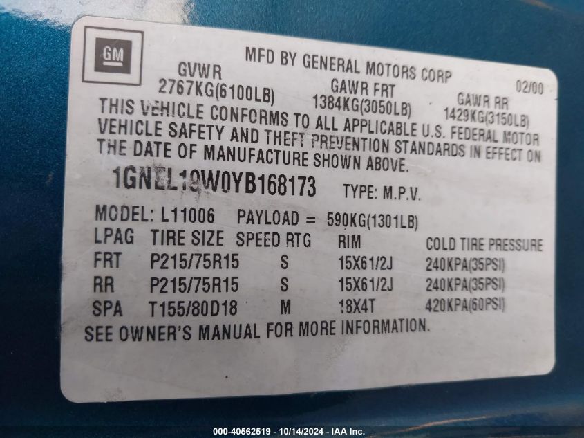 2000 Chevrolet Astro VIN: 1GNEL19W0YB168173 Lot: 40562519