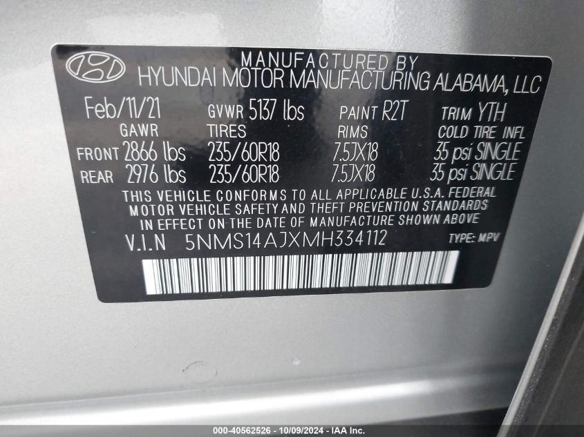 2021 Hyundai Santa Fe Se VIN: 5NMS14AJXMH334112 Lot: 40562526