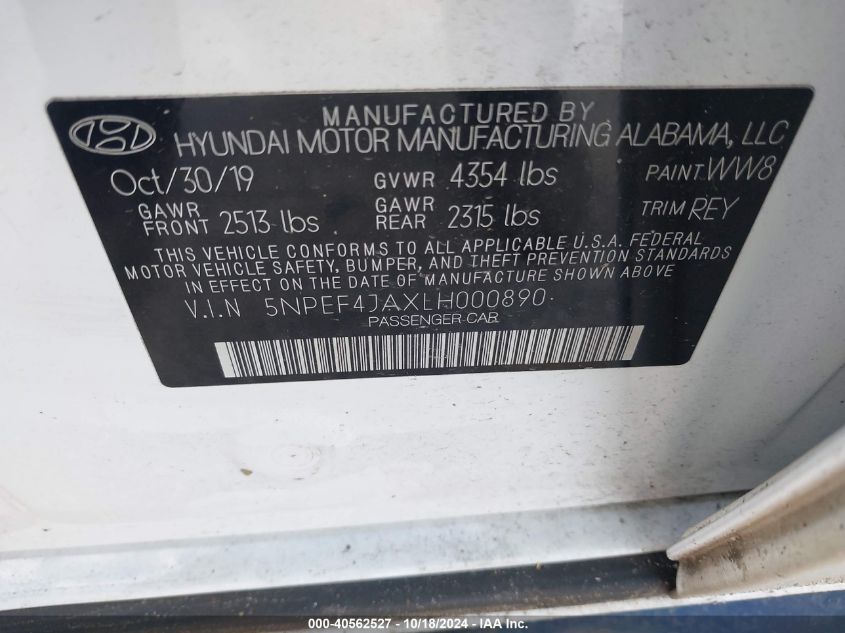 2020 Hyundai Sonata Sel VIN: 5NPEF4JAXLH000890 Lot: 40562527