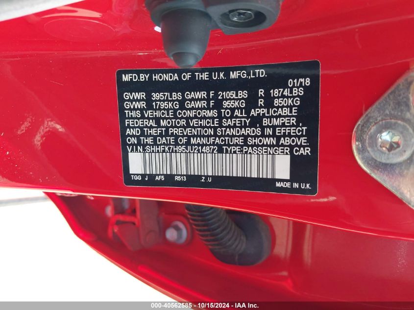 2018 Honda Civic Sport Touring VIN: SHHFK7H95JU214872 Lot: 40562585