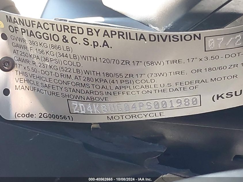 2023 Aprilia Rs 660 VIN: ZD4KSUG04PS001980 Lot: 40562665