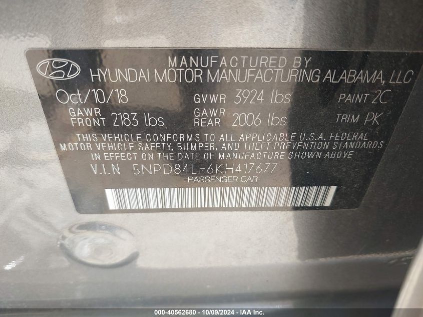 2019 HYUNDAI ELANTRA SEL - 5NPD84LF6KH417677