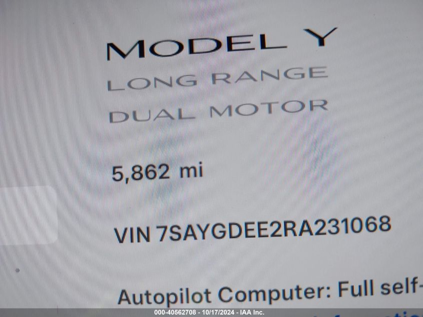 2024 Tesla Model Y Long Range Dual Motor All-Wheel Drive VIN: 7SAYGDEE2RA231068 Lot: 40562708