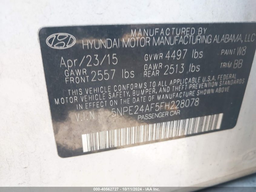 2015 Hyundai Sonata Se VIN: 5NPE24AF5FH228078 Lot: 40562727