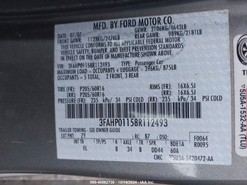 2008 Ford Fusion Se VIN: 3FAHP01158R112493 Lot: 40562730