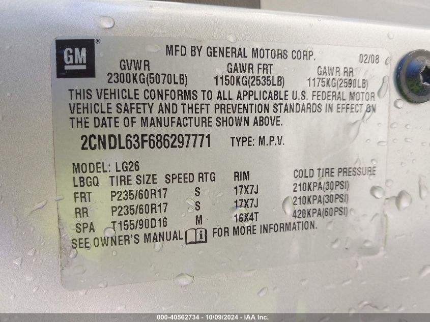 2CNDL63F686297771 2008 Chevrolet Equinox Lt