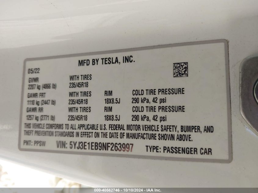 2022 Tesla Model 3 Long Range Dual Motor All-Wheel Drive VIN: 5YJ3E1EB9NF263997 Lot: 40562746