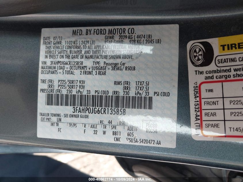 3FAHP0JG6CR135858 2012 Ford Fusion Sel