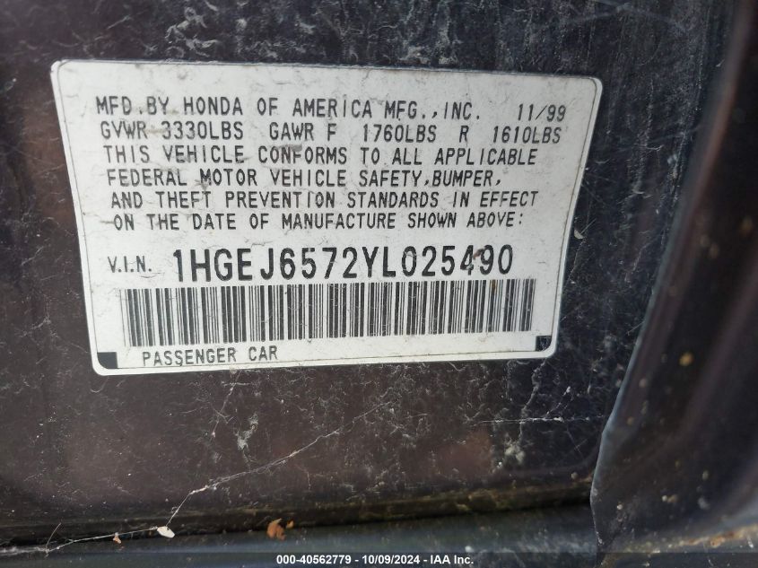 1HGEJ6572YL025490 2000 Honda Civic Lx