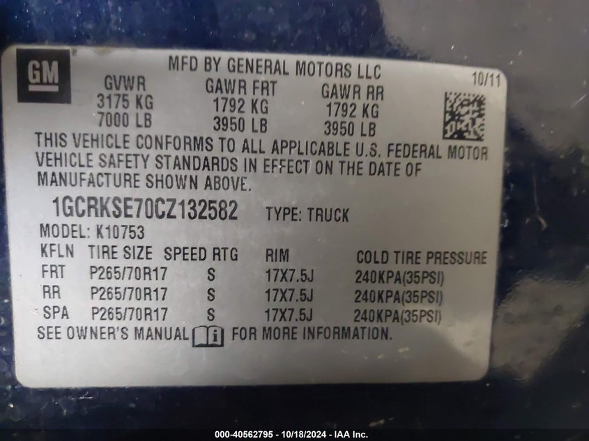 2012 CHEVROLET SILVERADO VIN: 1GCRKSE70CZ132582
