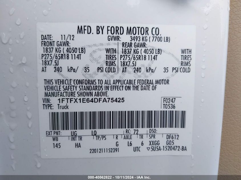 1FTFX1E64DFA75425 2013 Ford F-150 Lariat