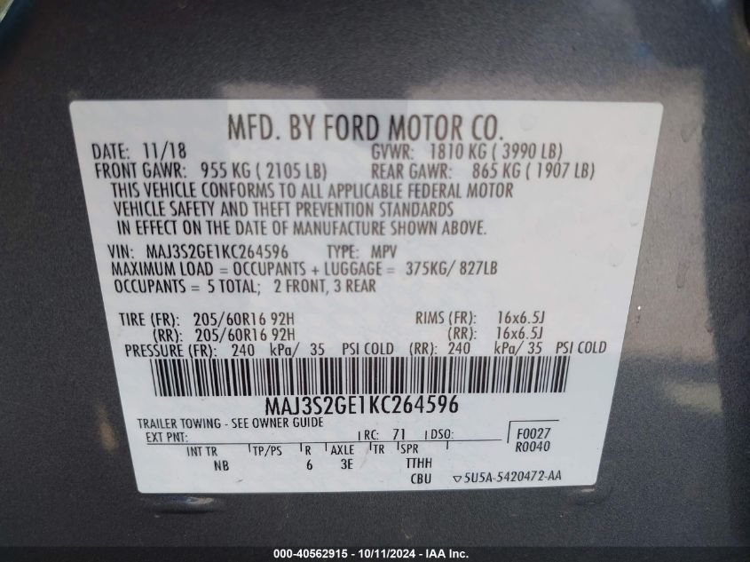 MAJ3S2GE1KC264596 2019 Ford Ecosport Se