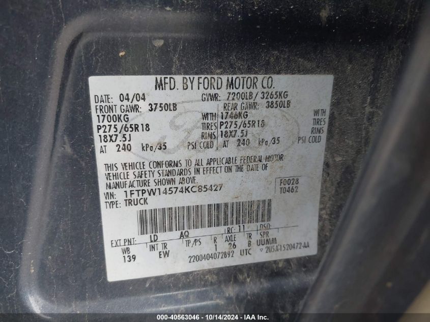 2004 Ford F-150 Fx4/Lariat/Xlt VIN: 1FTPW14574KC85427 Lot: 40563046