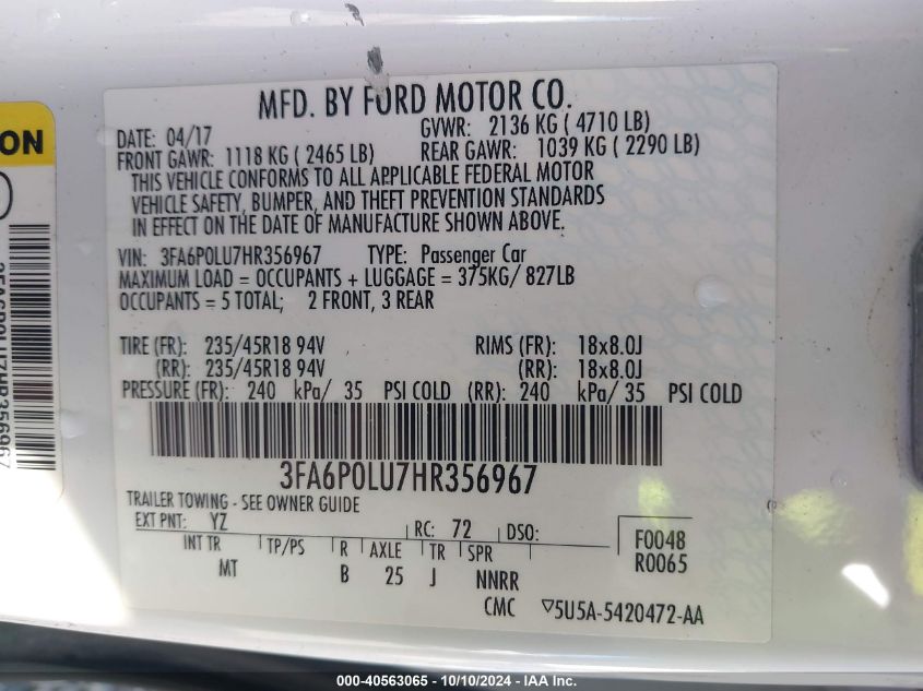 3FA6P0LU7HR356967 2017 Ford Fusion Hybrid Se