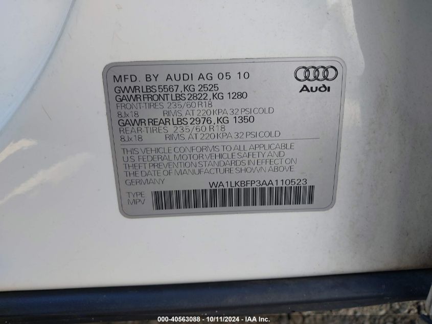 WA1LKBFP3AA110523 2010 Audi Q5 3.2 Premium