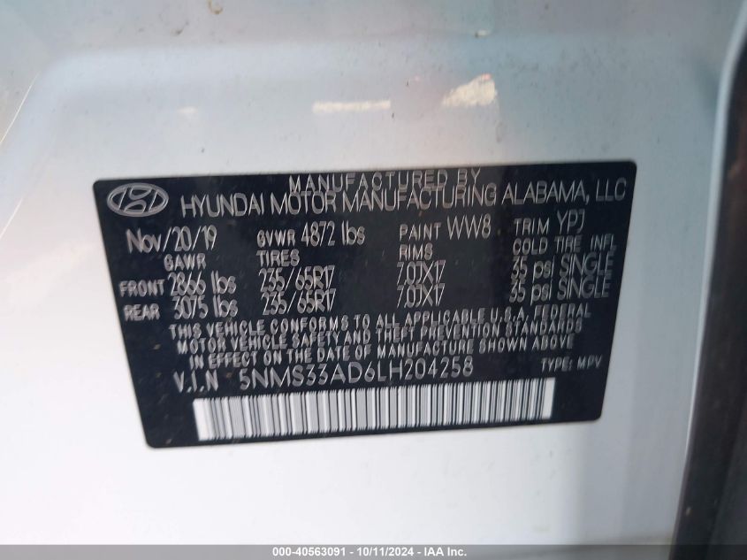 2020 Hyundai Santa Fe Sel VIN: 5NMS33AD6LH204258 Lot: 40563091