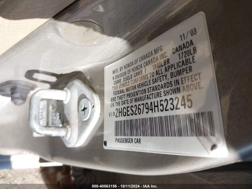 2004 Honda Civic Ex VIN: 2HGES26794H523245 Lot: 40563156