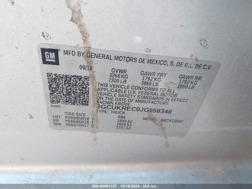 2018 Chevrolet Silverado 1500 1Lt VIN: 3GCUKREC0JG558348 Lot: 40563157