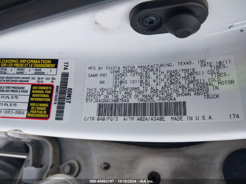 2012 Toyota Tacoma Prerunner VIN: 5TFJX4GN4CX007649 Lot: 40563197