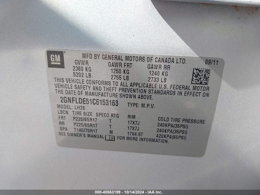 2012 Chevrolet Equinox Lt VIN: 2GNFLDE51C6153163 Lot: 40563199