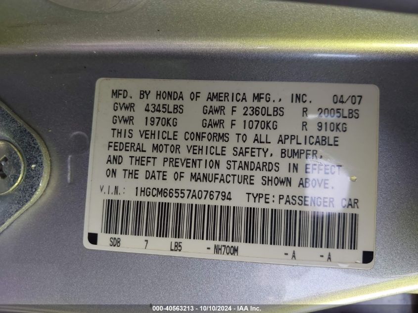 1HGCM66557A076794 2007 Honda Accord 3.0 Ex