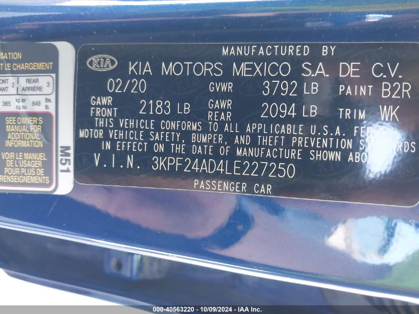 3KPF24AD4LE227250 2020 Kia Forte Lxs