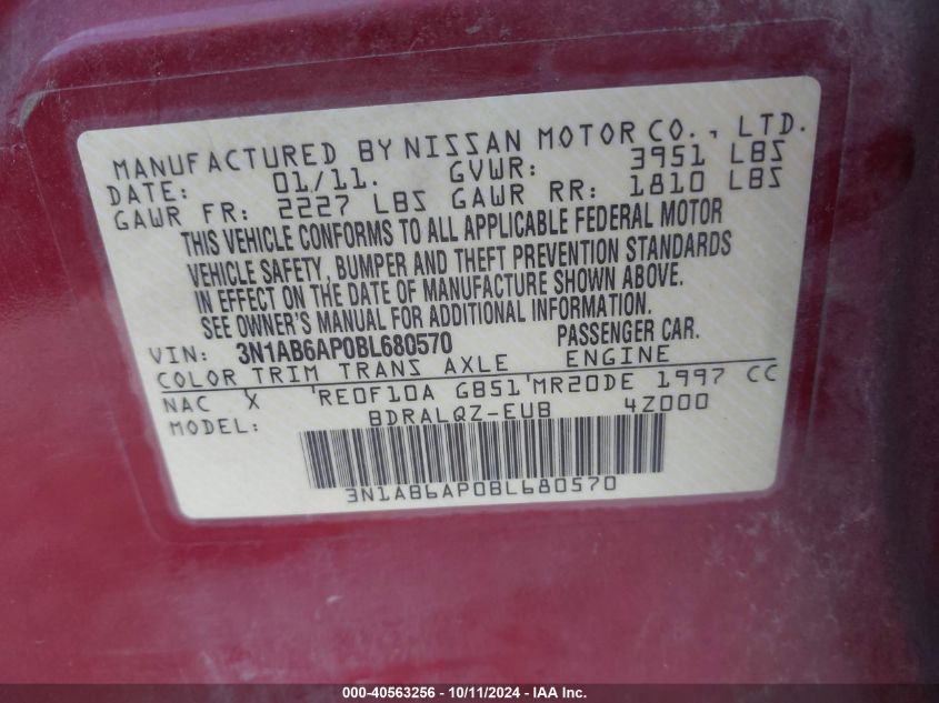 2011 Nissan Sentra 2.0 VIN: 3N1AB6AP0BL680570 Lot: 40563256