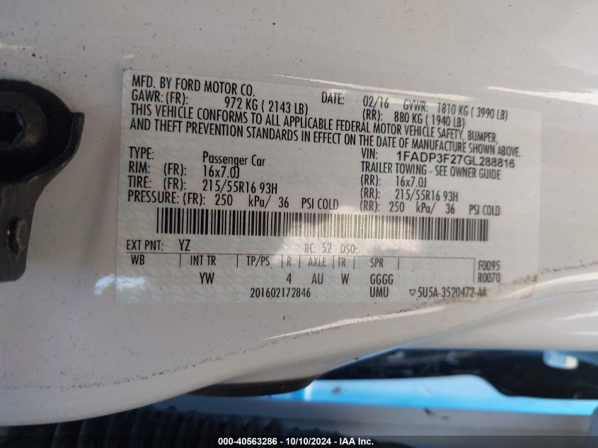 1FADP3F27GL288816 2016 Ford Focus Se