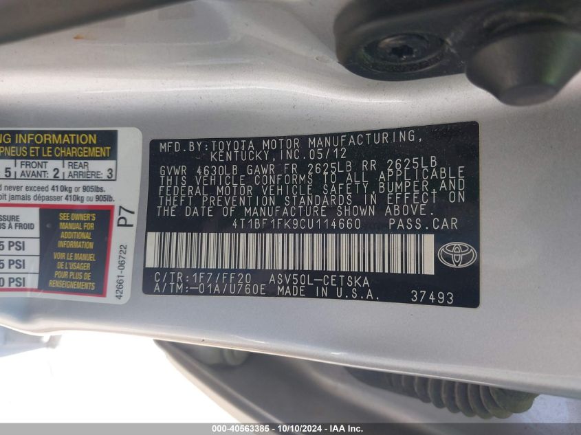 4T1BF1FK9CU114660 2012 Toyota Camry Se