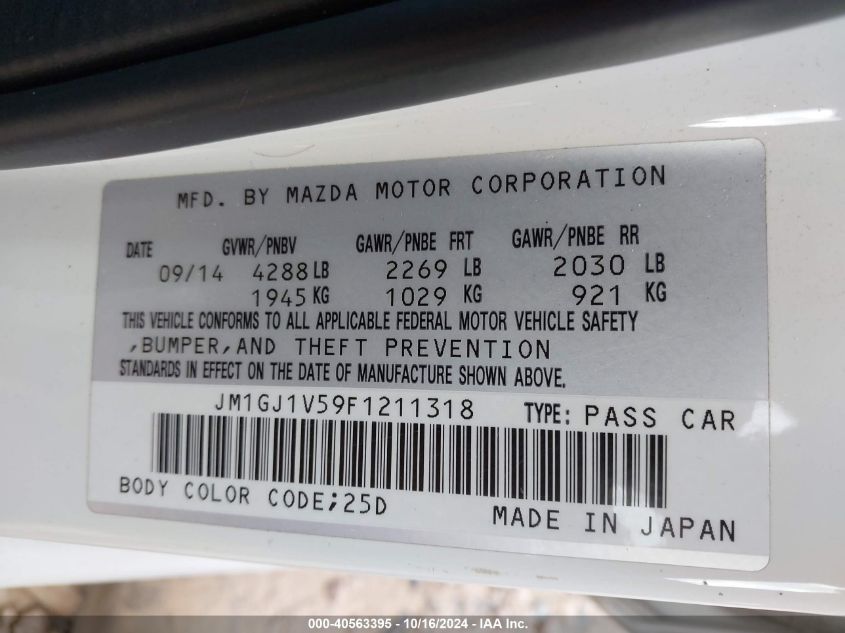 2015 Mazda Mazda6 I Touring VIN: JM1GJ1V59F1211318 Lot: 40563395