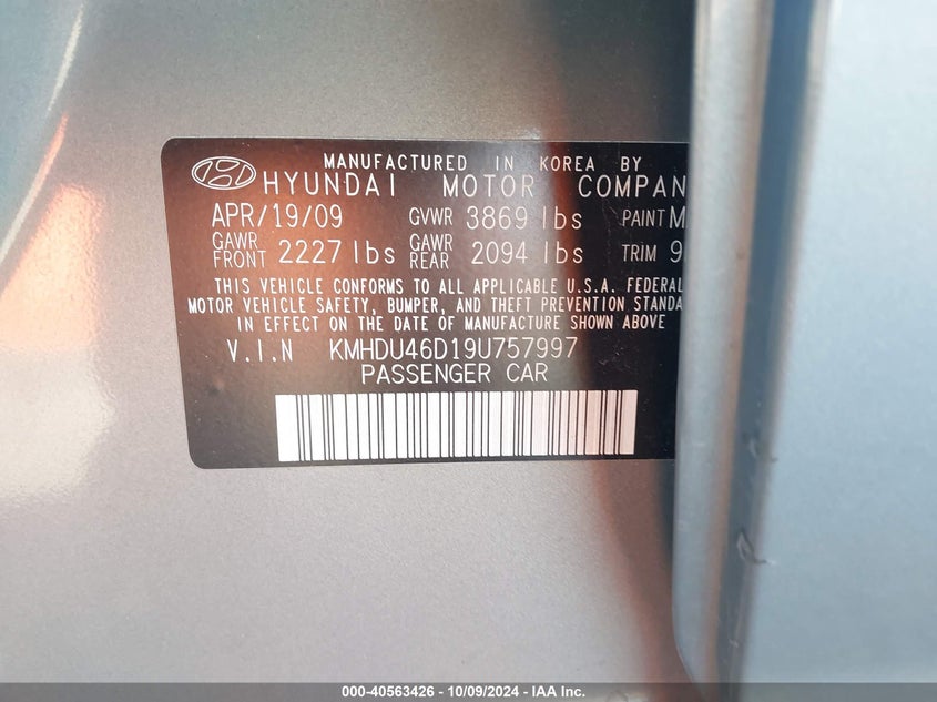 KMHDU46D19U757997 2009 Hyundai Elantra Gls