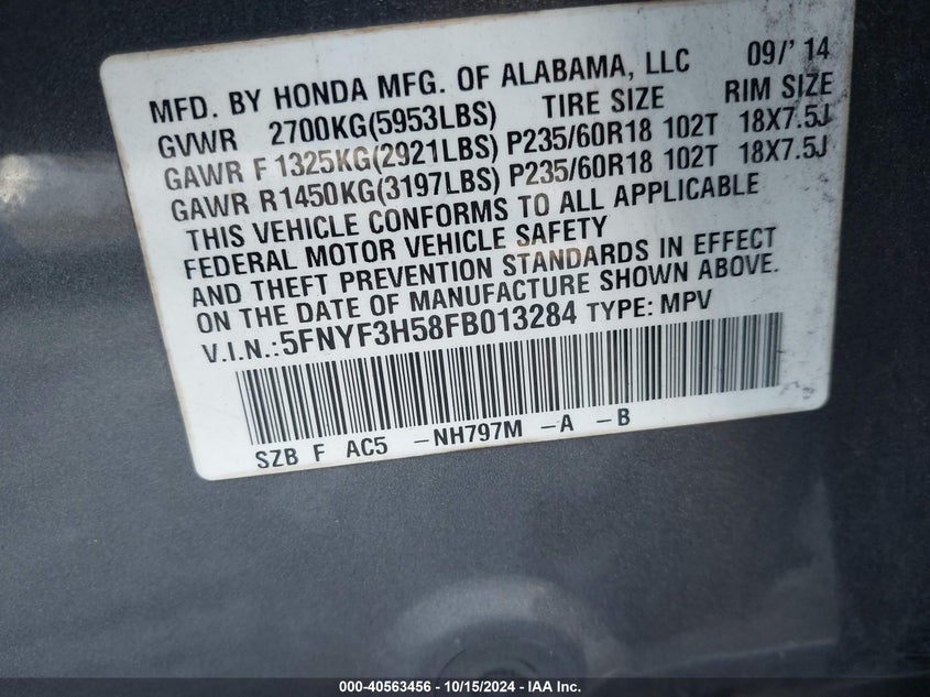 2015 Honda Pilot Ex-L VIN: 5FNYF3H58FB013284 Lot: 40563456