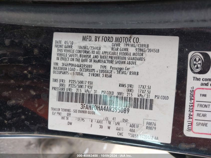 3FAHP0HA4AR395089 2010 Ford Fusion Se