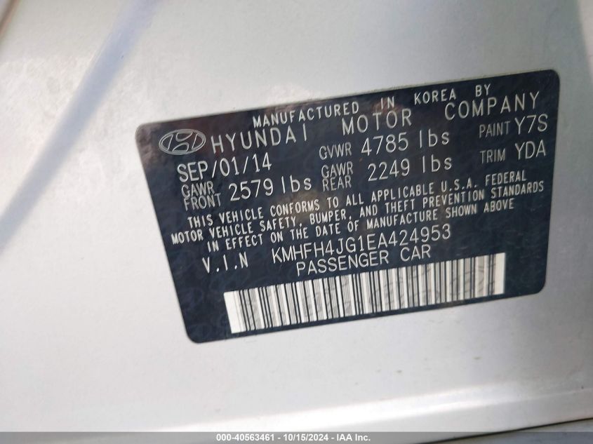 2014 Hyundai Azera Limited VIN: KMHFH4JG1EA424953 Lot: 40563461