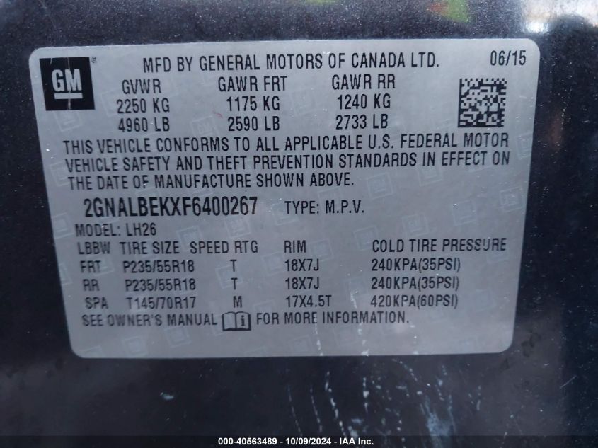 2GNALBEKXF6400267 2015 Chevrolet Equinox Lt