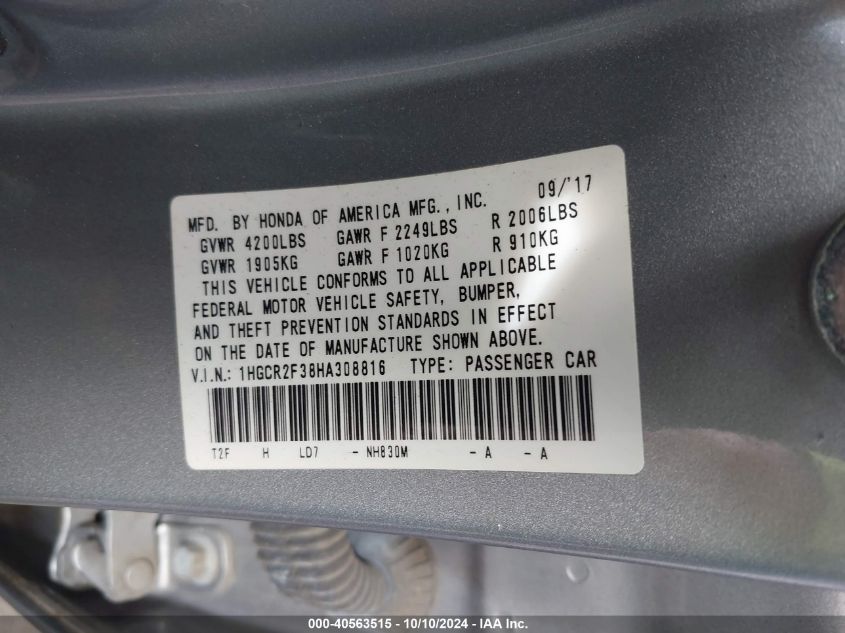 1HGCR2F38HA308816 2017 Honda Accord Lx