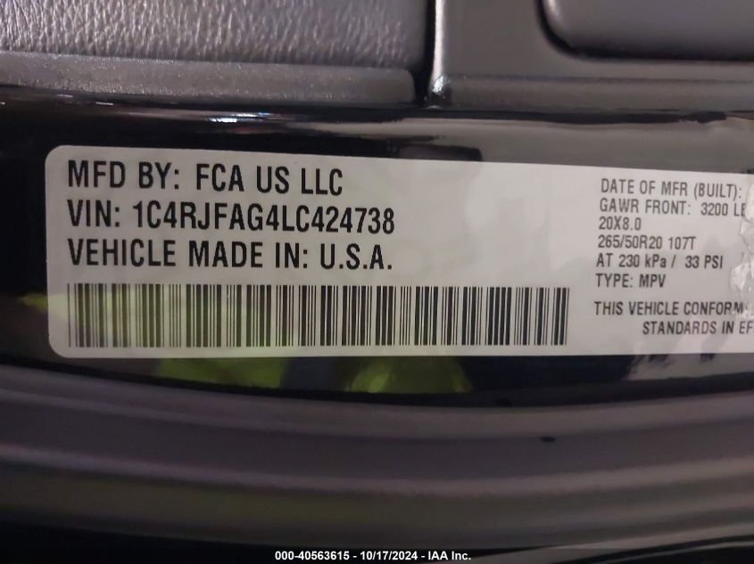 2020 Jeep Grand Cherokee Altitude 4X4 VIN: 1C4RJFAG4LC424738 Lot: 40563615