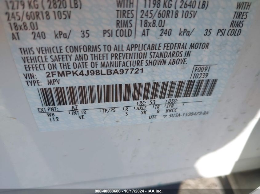 2020 Ford Edge Sel VIN: 2FMPT4J98LBA97721 Lot: 40563686