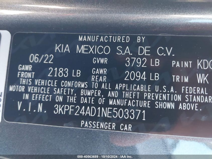 3KPF24AD1NE503371 2022 Kia Forte Fe