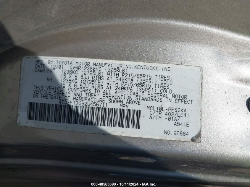 4T3ZF13C92U456711 2002 Toyota Sienna Le/Xle