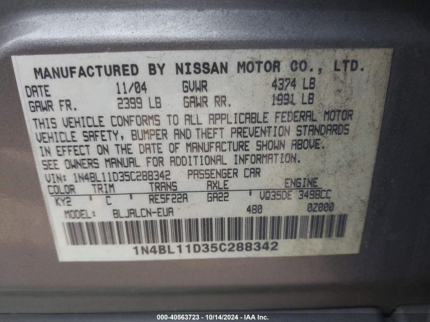 2005 Nissan Altima 3.5 Se VIN: 1N4BL11D35C288342 Lot: 40563723