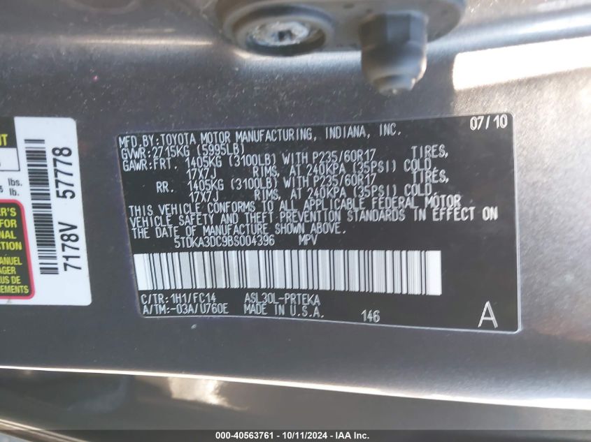 5TDKA3DC9BS004396 2011 Toyota Sienna Le