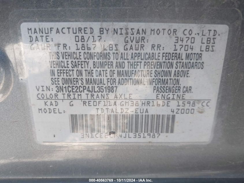 3N1CE2CP4JL351987 2018 Nissan Versa Note Sv